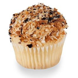 Samoa cupcake with toasted coconut and caramel frosting