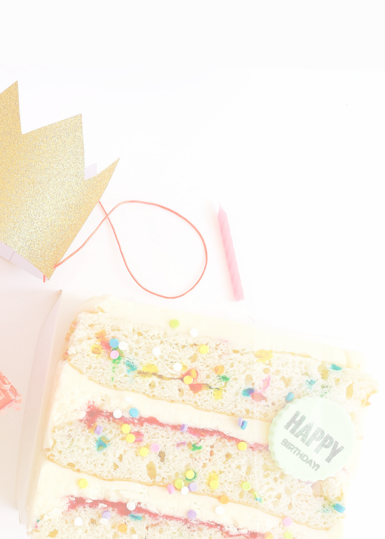 Happy Day banner with rainbow and birthday cake on a white background
