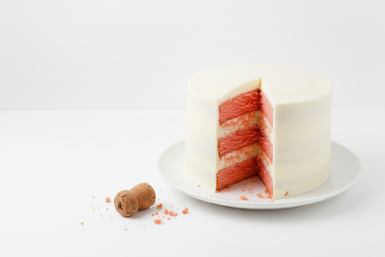 pink champagne party cake with slice out