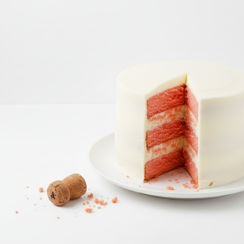 white cake with pink interior and a champagne cork on its side

